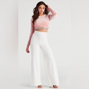 Pink Velvet Rhinestone Fringe Crop Top Windsor Long Sleeve Festival | Size S